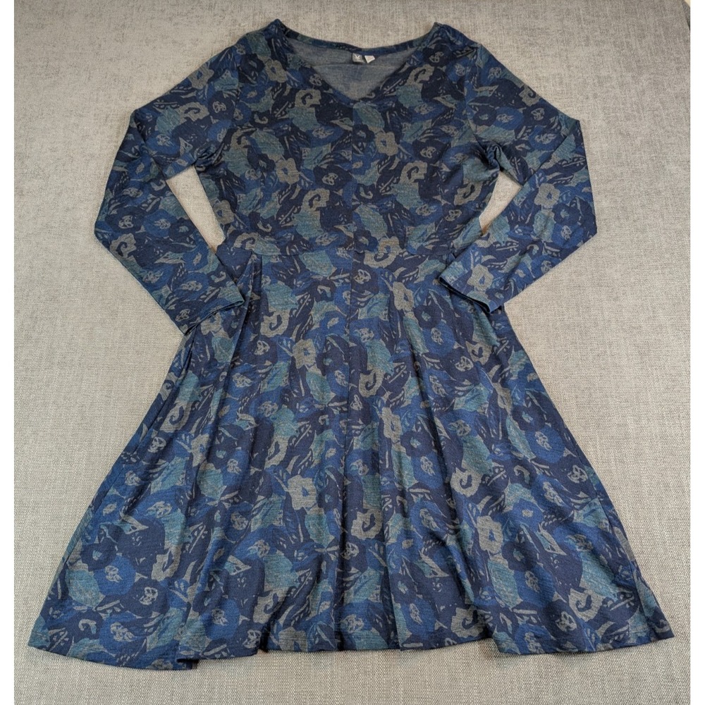 Ibex Dress Women XL Black Blue Merino Wool V Neck Floral Long Sleeve Pocket - Picture 2 of 8